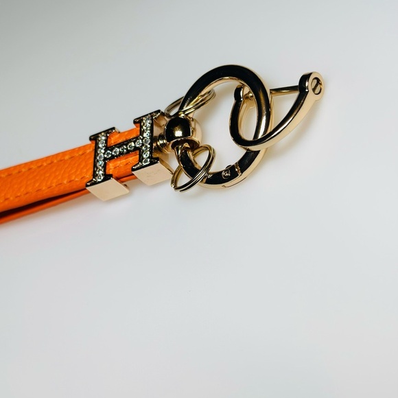 H Orange Leather Keychain with Gold Accents - Picture 3 of 4